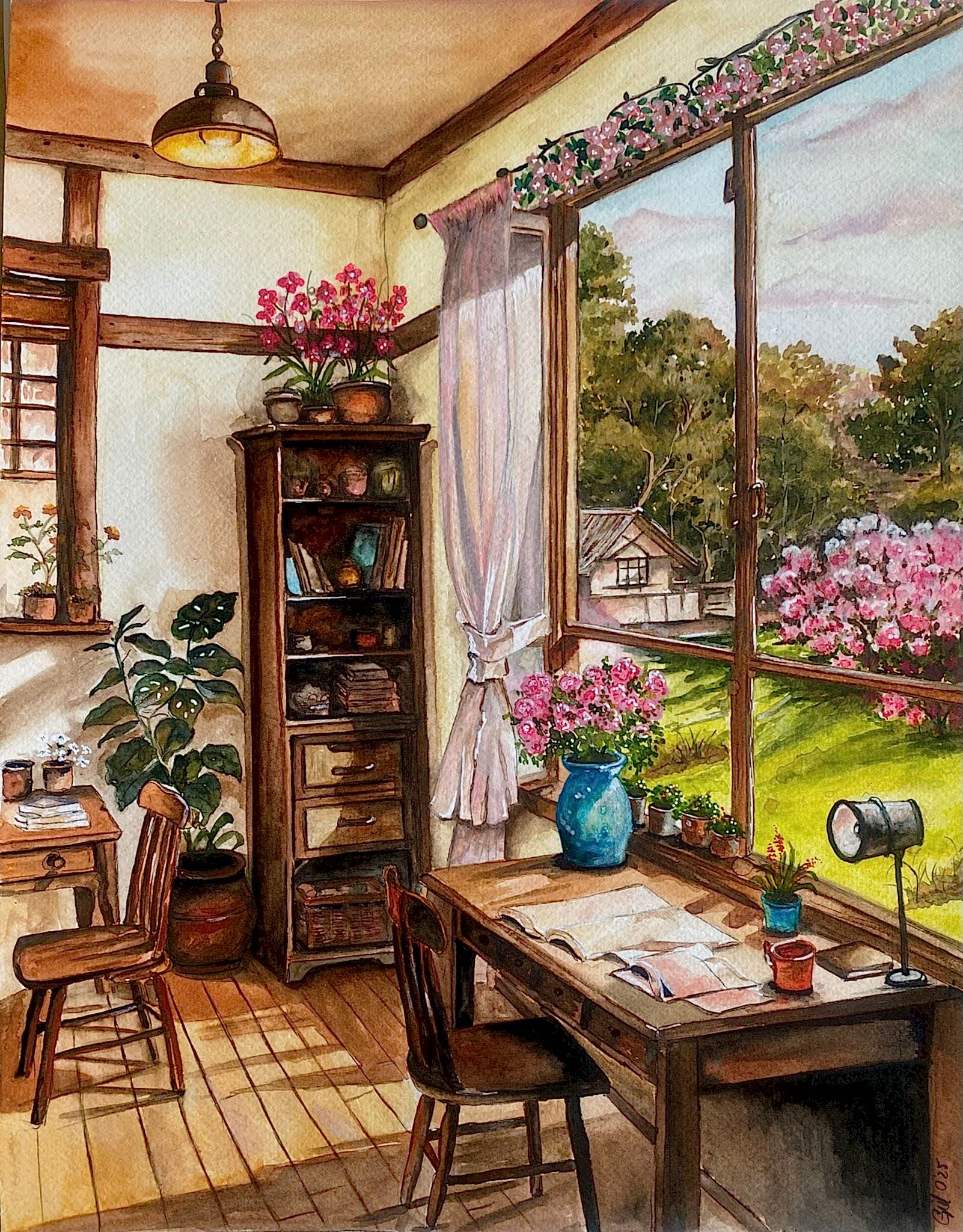 sSULU BOYA KARA KALEM BAHÇEYE BAKAN PENCERE